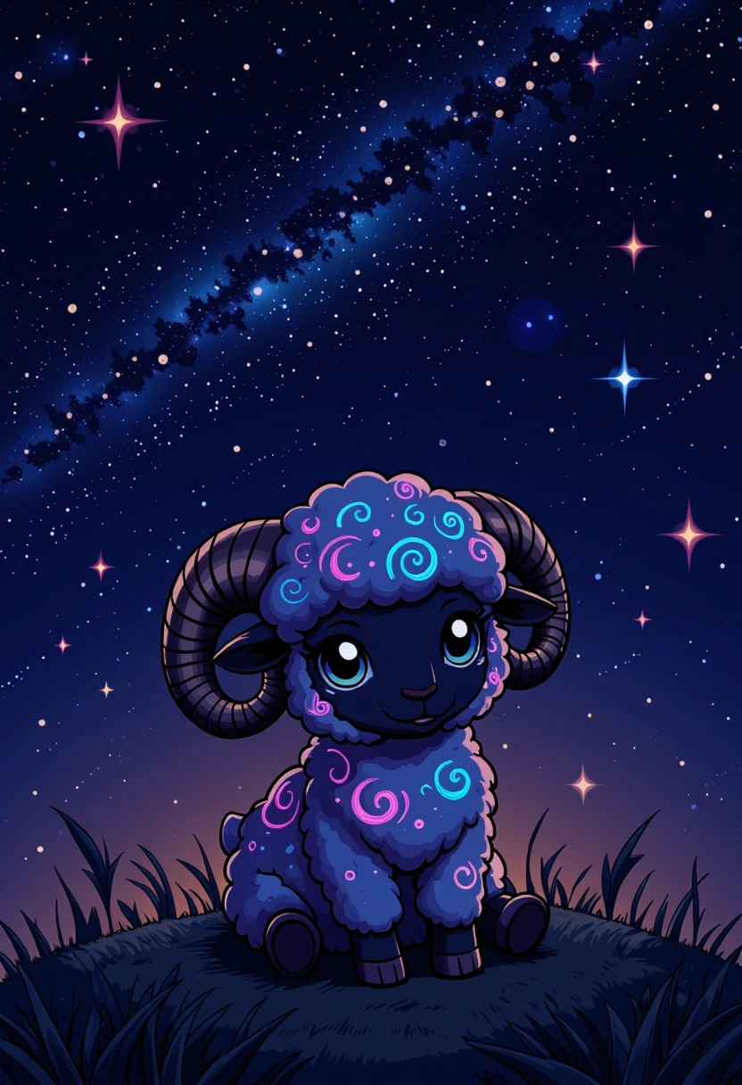 A small cute chibi sheep is sitting in a field at night. The milky way is visible in the sky and several stars are shining. The sheep's fur is made up of cosmic swirls and stark color contrasts.