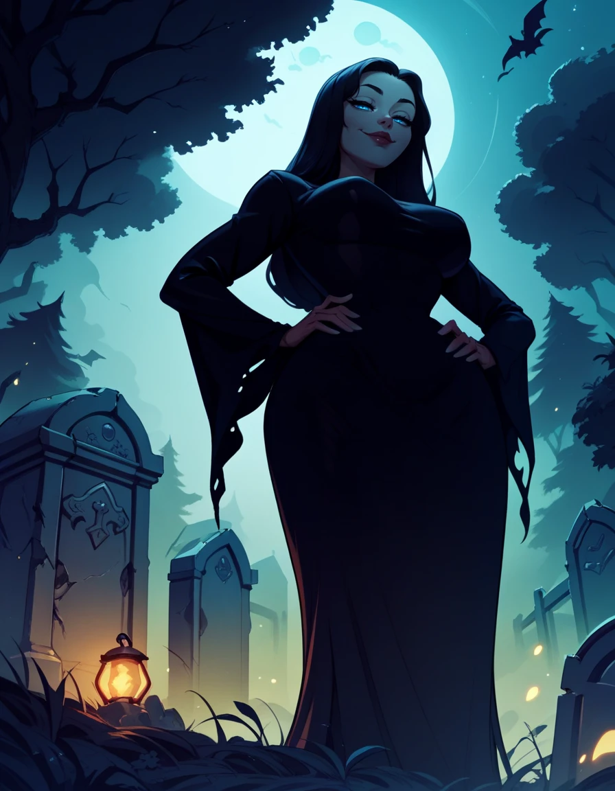 score_9, score_8_up, score_7_up,score_6_up, score_5_up, score_4_up , 1girl, solo, 
large breasts,
morticiaDG,
long hair, black hair, blue eyes,lipstick,
black dress, long dress, long sleeves, 
from below,
forest, graveyard, fog, dim_lighting, night,
half-closed eyes, looking at viewer,  smug,
hands on hips,
 <lora:Morticia DG PXL v01:1>