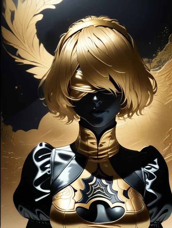 score_9,score_8_up,
upper body,
<lora:Silhouette_with_Gold_Foil_v1:1>,silhouette_with_gold_foil,abstract,metallic shine,looking at viewer,
2b \(nier:automata\),gold blindfold,gold hairband,clothing cutout,long sleeves,puffy sleeves,juliet sleeves,feather trim,