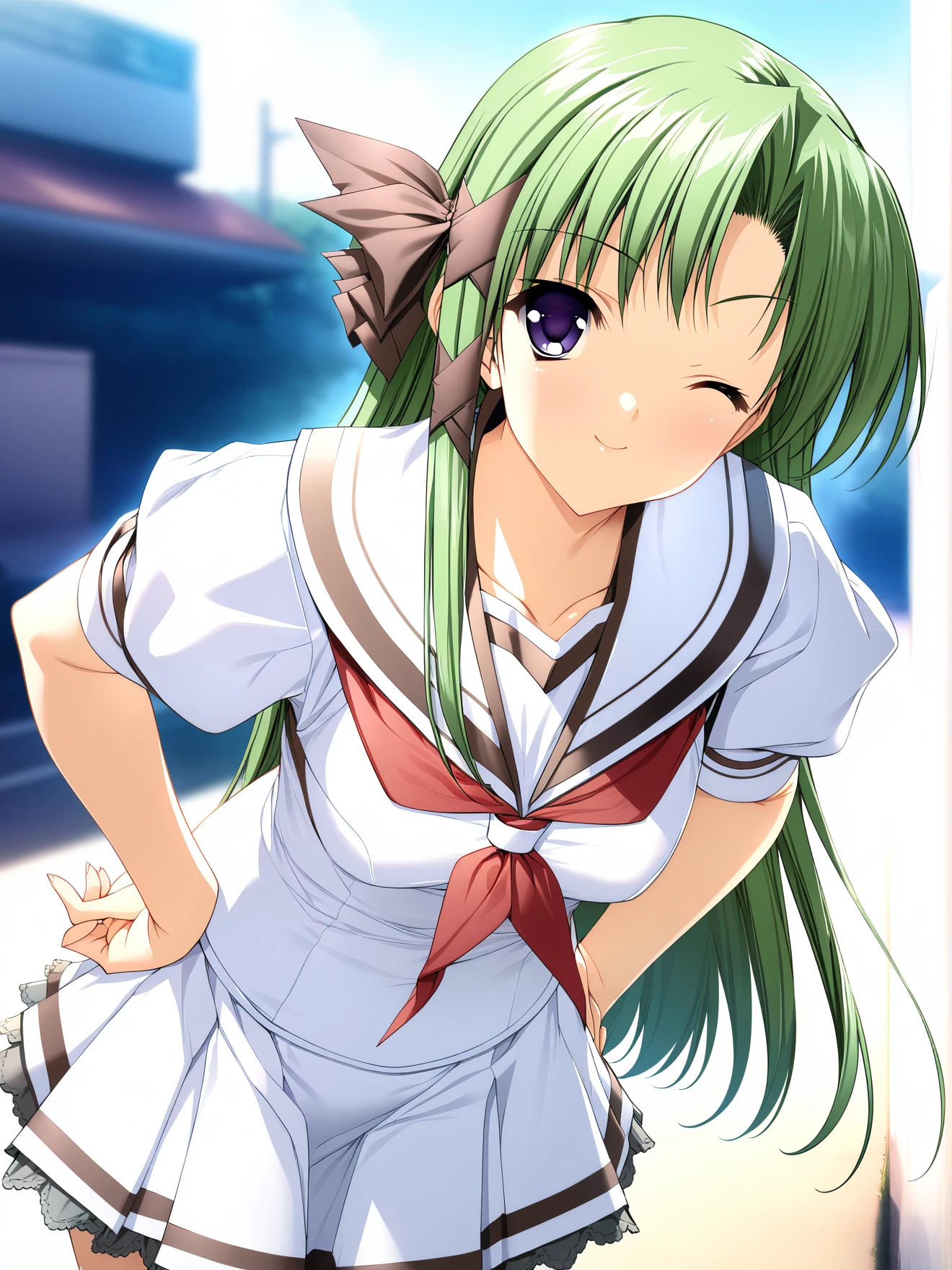 masterpiece, best quality, high quality, aesthetic, absurdres, insanely detailed,
1girl, serafuku, green hair, one eye closed, long hair, hair ribbon, purple eyes, hand on hip, blue sky, skirt, leaning forward, smile, 
<lora:suzuhira-hiro-style-xl_v1.0:1>