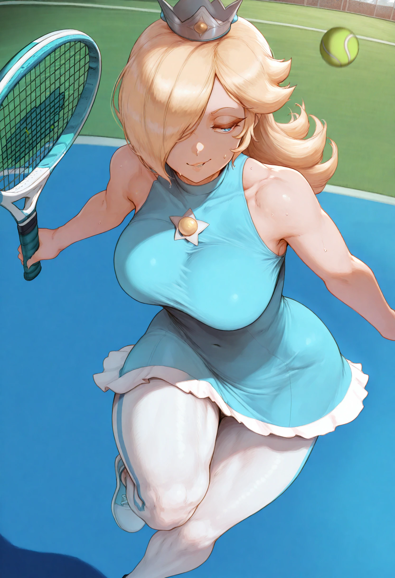 masterpiece, best quality, 1girl, solo, RslnTnns, hair over one eye, crown, sportwear, bare shoulder, bare arms, tennis uniform, blue dress, white pantyhose, <lora:Rosalina_illusXL_Incrs_v1:1>, outdoors, full body, tennis, tennis ball, shoes, smirk, sweat. sweatdrop, floating, throwing ball, holding tennis racket, large breasts,