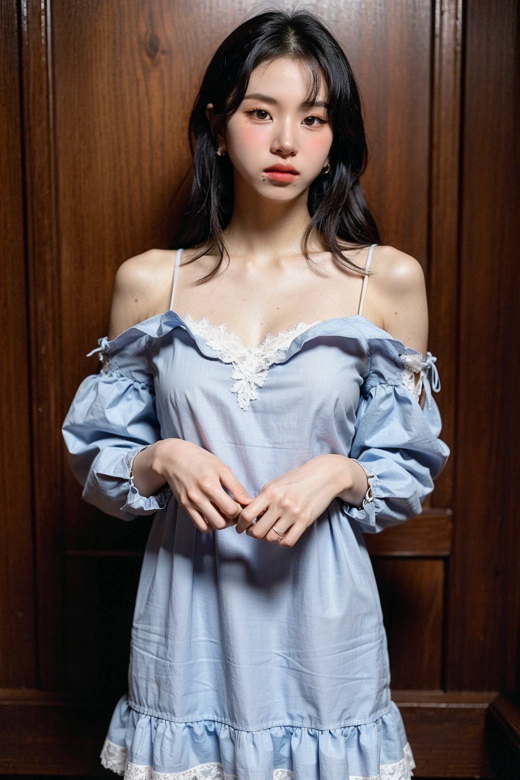 chaeyounglora,(realistic), (hyperrealism),best quality, masterpiece,ultra high res, (photorealistic:1.4),1girl,solo, realistic,( looking at viewer:1.2),cowboyshot, (cute dress:1.4),<lora:chaeyounglora:1>