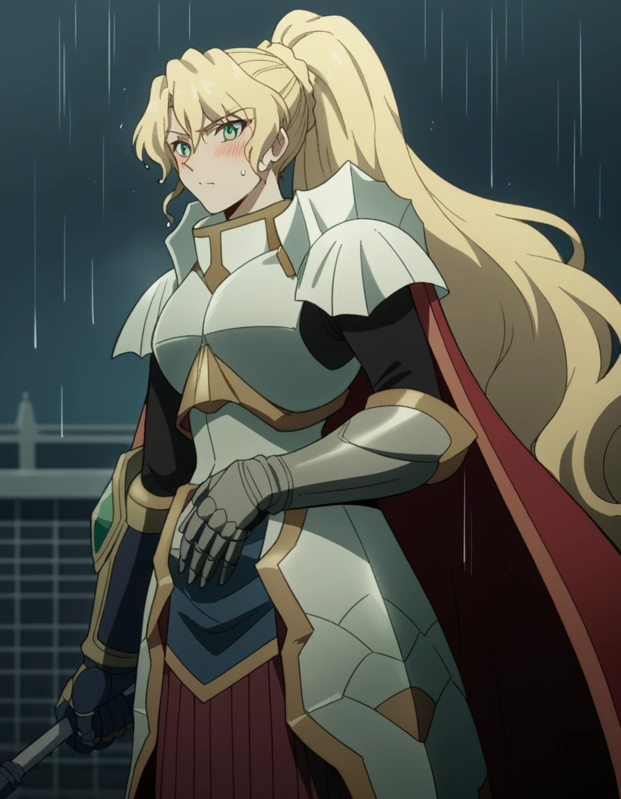 score_9, score_8_up, score_7_up, source_anime, <lora:alicetaria-february-s1-ponyxl-lora-nochekaiser:1>, alicetaria february, long hair, green eyes, blonde hair, ponytail, braid, large breasts,, skirt, cape, armor, gauntlets, breastplate, red cape,, rainy day, umbrella, walking home, puddles, wet hair, , hand on stomach, blush,, looking at viewer, solo,, dutch angle, cowboy shot