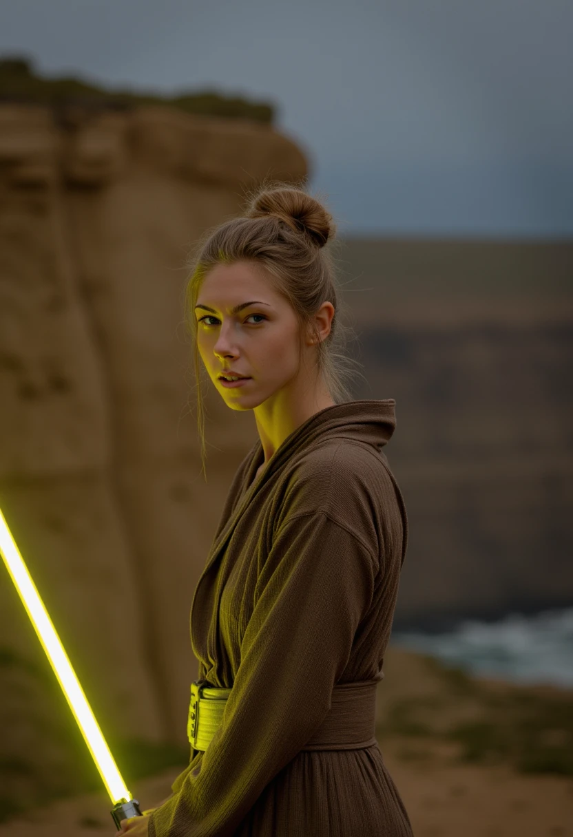 a raw high resolution sharp photo of young woman , highly detailed skin, her hair is styled in a bun , she is wearing a jedi robe, the photo is a full body shot, she is standing near a cliff while holding a yellow lightsaber, the photo is symmetrical, depth of field, volumetric lighting, the lighting is dramatic and moody,

close-up