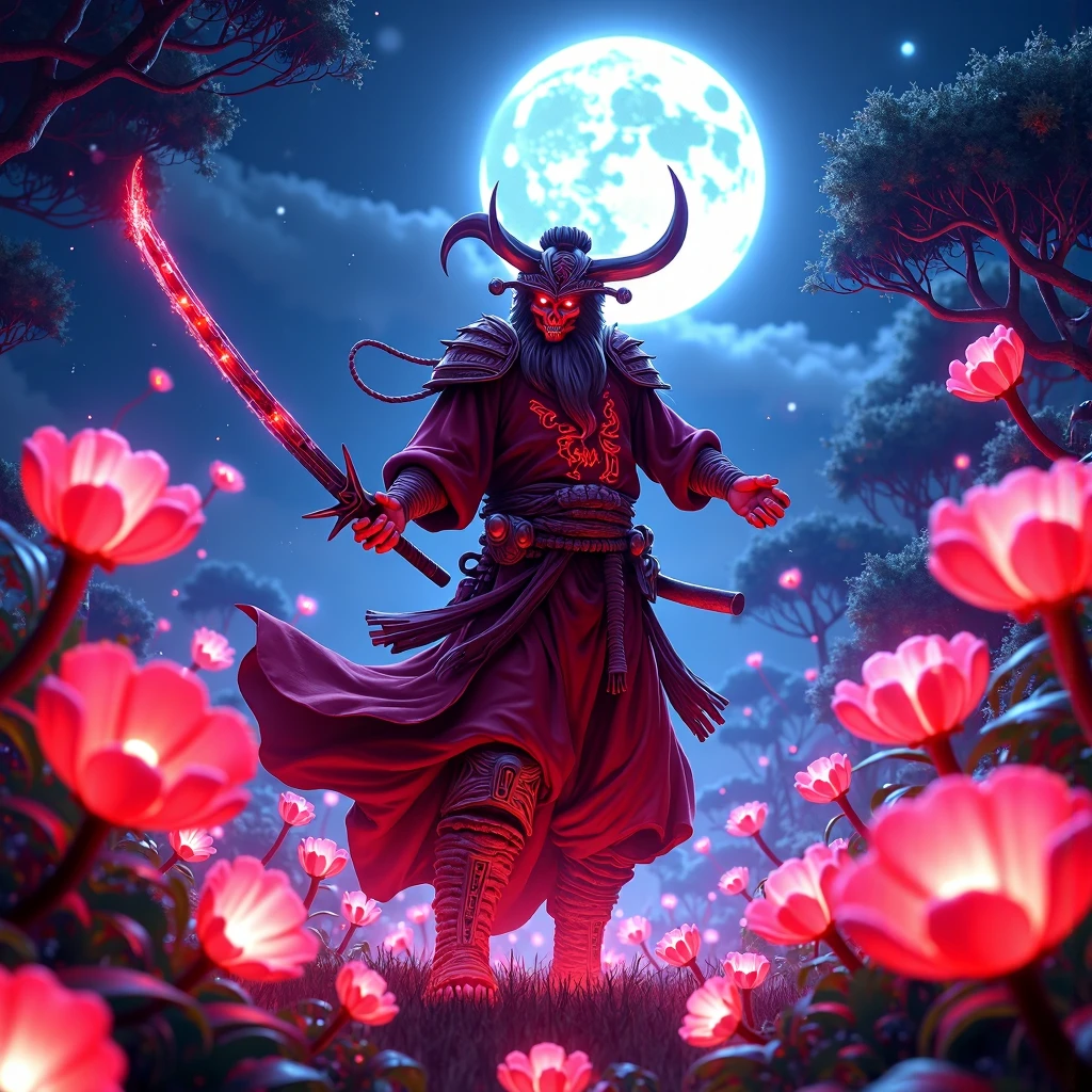 CarnageStyle red bloody gore violence {Samurai|digital painting, artstation, concept art, garden, glowing flowers, moonlight, night time, blue hues, purple hues, vibrant colors, realistic, detailed, illustration, smooth, sharp focus, wide angle, dramatic lighting, illustrative, concept sketch, artbook, wallpaper, promo art, splash art, magical, enchanting, whimsical, calming, peaceful, serene, tranquil, ethereal, dreamlike, beautiful, luminous, radiant, surreal, otherworldly, fantasy, natural, outdoors, plants, ecosystem, bioluminescent, blooming, verdant, idyllic, pastoral, romantic, whimsical, fairy tale, magical realism, impressionist, realism, surrealism, symbolism, art nouveau, romanticism, illustrative, decorative, intricate, delicate, fine details, mastery, expert, high quality, vibrant, lush, luminance, luminescence]<lora:CarnageStyle_rank4_bf16:1>