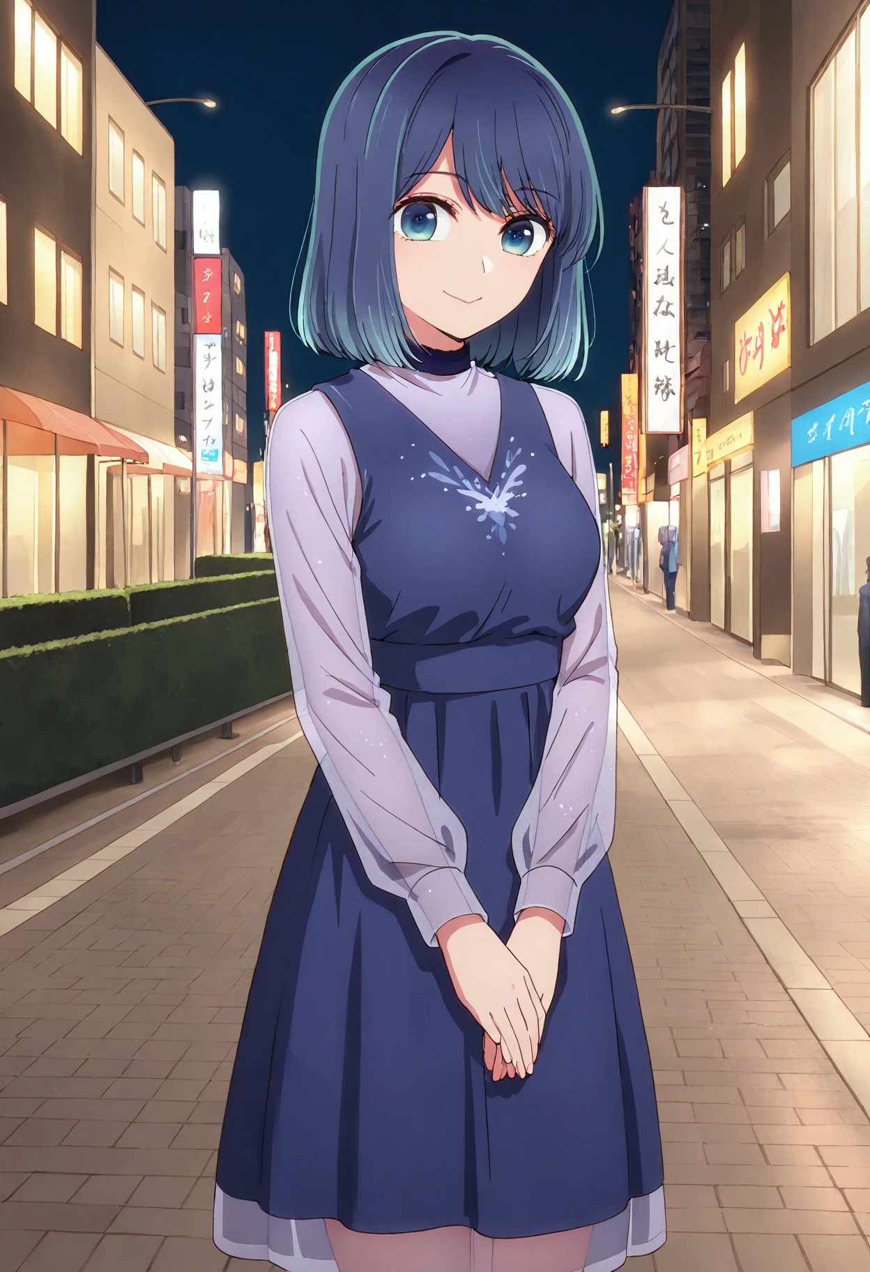 kurokawaakane, 1girl, solo, looking at viewer, , long sleeves,, blue dress, gradient hair, bangs,, closed mouth, blue hair, standing, short hair, see-through shirt, cowboy shot, , aqua eyes , smile, street, city lights, smile, breasts <lora:kurokawaakane_ill:1>