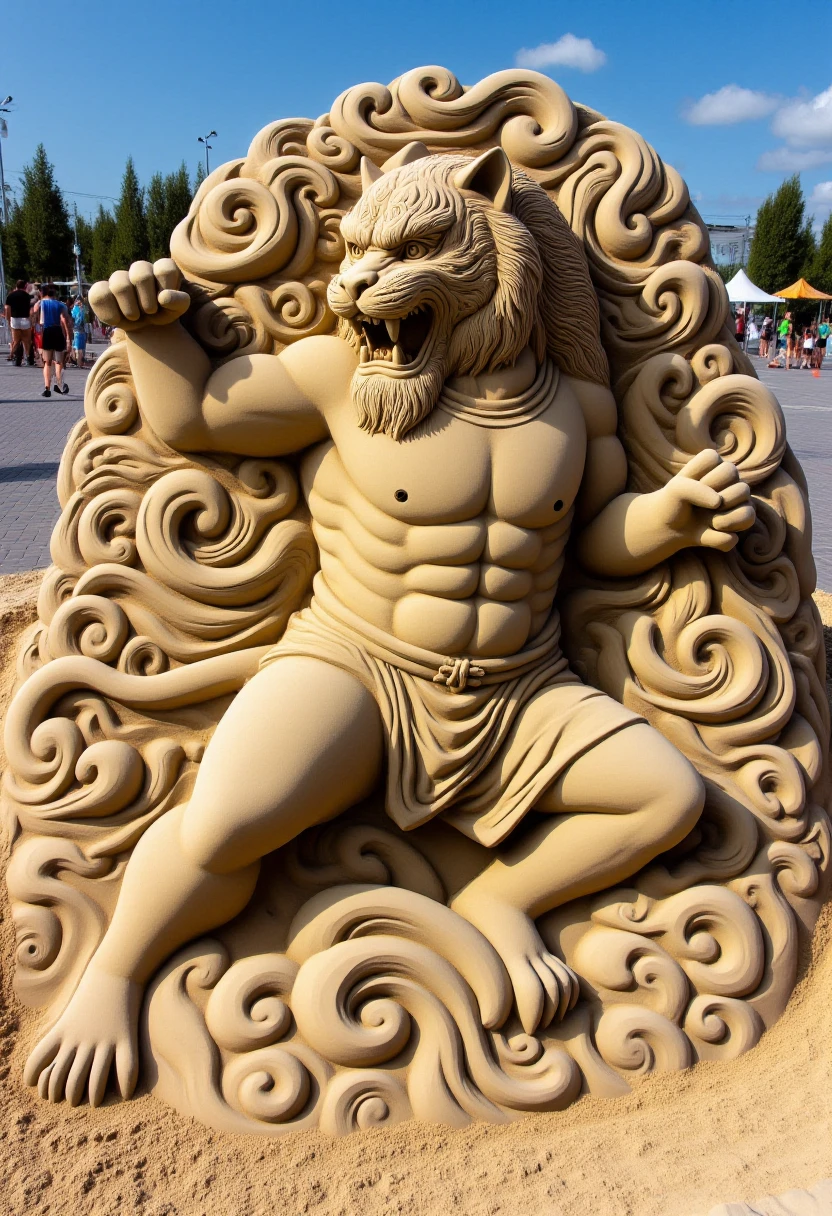 <lora:Sand_Sculpture_Sculptor_FLUX:1>
The image is a photograph of a detailed sand sculpture depicting a majestic Tiger performing kung fu with intricate carvings.