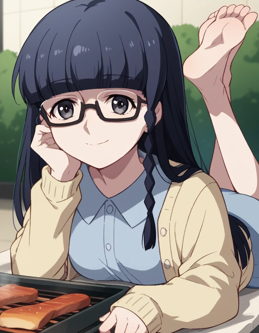 score_9, score_8_up, score_7_up, source_anime, <lora:setsuna-shimazaki-s1-ponyxl-lora-nochekaiser:1>, setsuna shimazaki, long hair, bangs, black eyes, black hair, braid, glasses, blunt bangs, twin braids, semi-rimless eyewear, under-rim eyewear, medium breasts,, shirt, blue shirt, collared shirt, cardigan, yellow cardigan, skirt, blue skirt,, backyard, barbecue, grilling, laughter, summer evening, smile, <lora:the-pose-ponyxl-lora-nochekaiser:1>, the pose, on stomach, feet up, lying, soles, feet, legs up, head rest, barefoot, looking at viewer, solo,, dutch angle, cowboy shot