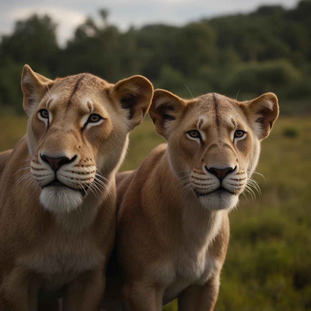 cinematic film still of  <lora:national geographic style The Lion King v1:0.8>
In the African jungle a lion and a lioness standing next to each other in a field,realistic,realism,photorealism,hyperrealism,hyperrealistic,looking at viewer,brown eyes,closed mouth,outdoors,blurry,no humans,blurry background,animal,cat,animal focus,whiskers,lion , realistic, sharp, detailed, documentary style, film light style, movie still, photography, artistic, perfection, contrast, cinematic, filmic, high quality photo,  8k quality, colorful, different animals, national geographic style, the lion king style, shallow depth of field, vignette, highly detailed, high budget, bokeh, cinemascope, moody, epic, gorgeous, film grain, grainy