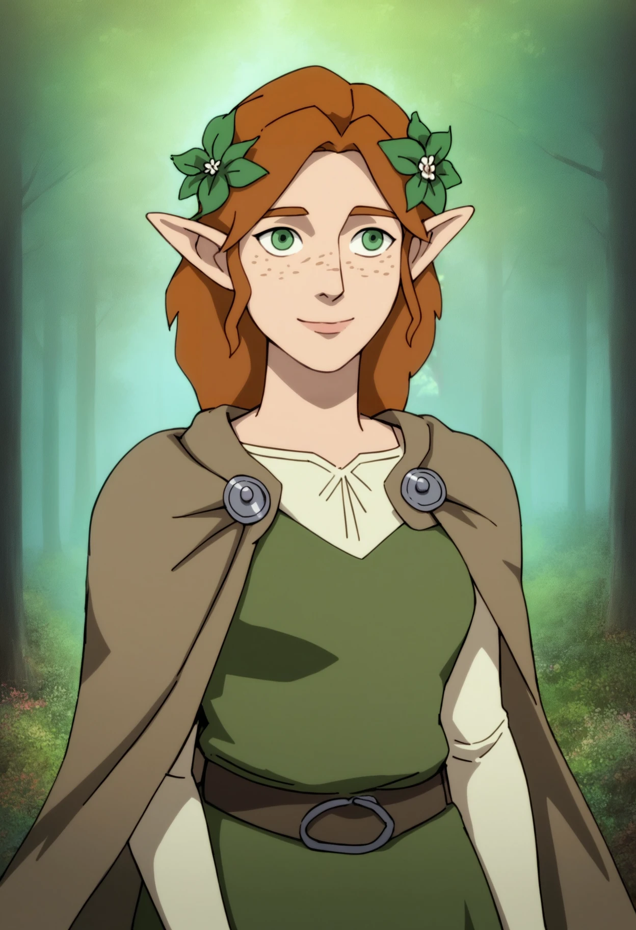 score_9, score_8_up, score_7_up, BREAK,
1girl, medieval fantasy, portrait, solo, tgreen eyes, freckles, female druid, leaf laurel wreath, hair flower, elf, simple tunic, brown robe, wood, dirty clothes, skirt, cape, pants, leather belt, buckle,
gentle smile, forest, flowers, trees, outdoors, nature,  outdoors, nature, looking at viewer    <lora:FantasyWesternAnimation_YoungJusticeDCAMU:1>