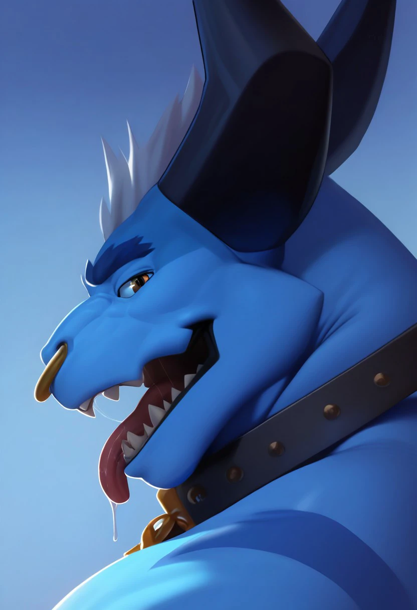 zPDXL3,score_9, score_8_up, score_8, score_7_up, score_7, source_furry,  digital media \(artwork\), masterpiece, high quality, best quality,1boy, furry male, solo, dragon horns,  blue body,upper body,looking at viewer,muscular male,nose_piercing, dragon,nose ring,(side view),(open mouth),(teeth:1.3),fangs,(shoulder),tongue,tongue out ,saliva,(collar)