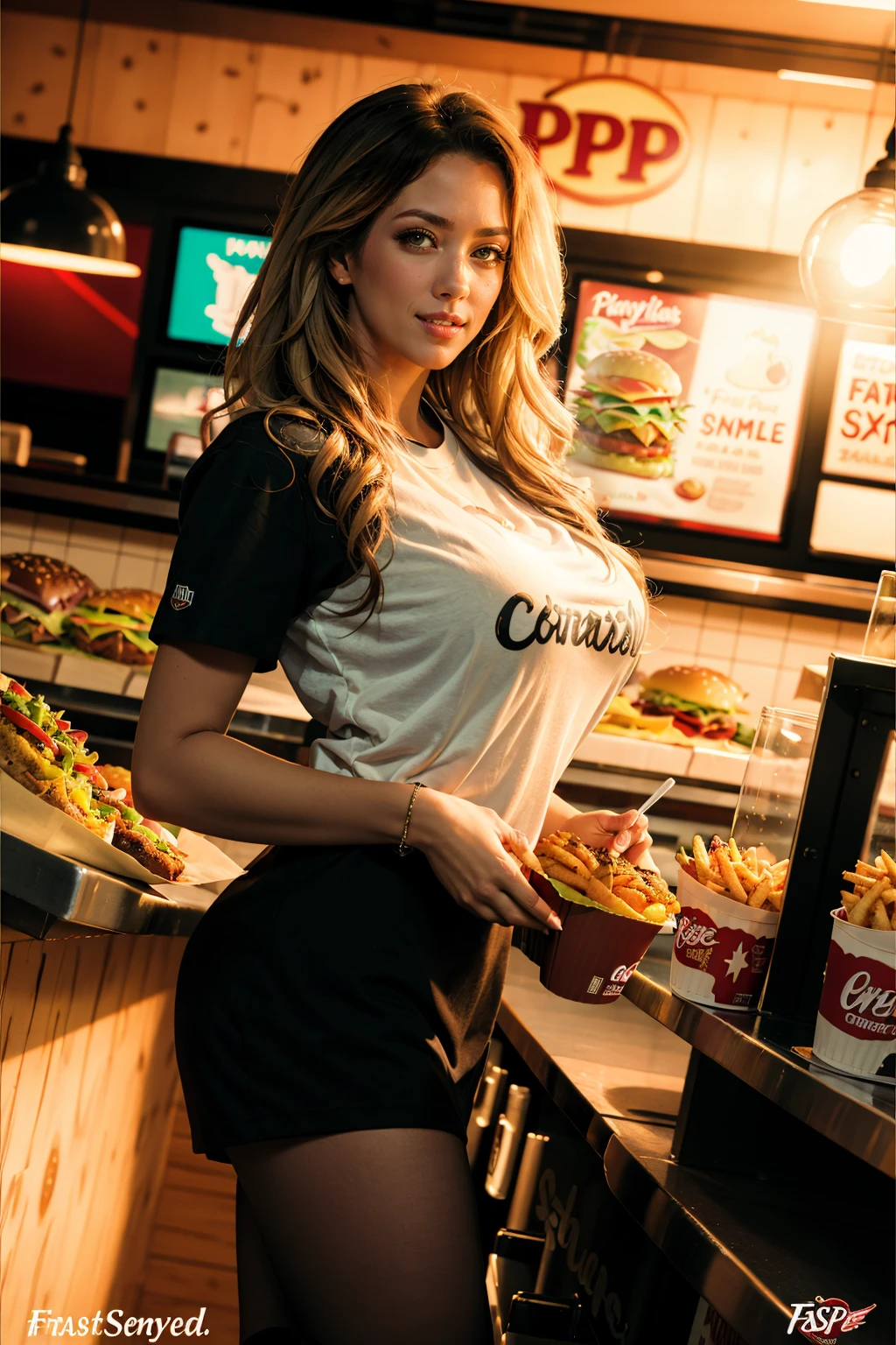 masterpiece, high resolution, cinematic, absurdres, photorealistic, realistic. A captivating cowboy shot of sexy cprcvn, <lora:capri_cavanni_LoRA_0.1:1>, erotic smile, wavy long white hair hair, wearing a fast food uniform, very large breasts, <lora:brmphFT15_p0-step00021000a:0.6>, brmph, at a fast food restaurant, behind the counter, fast food screen menus, tight t-shirt, taking the orders, fast food chain