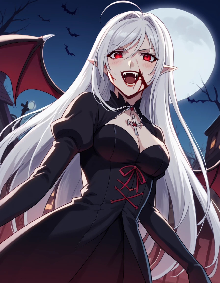 score_9, score_8_up, score_7_up, source_anime, <lora:moka-akashiya-s2-ponyxl-lora-nochekaiser:1>, vampire moka akashiya, long hair, red eyes, ahoge, white hair, large breasts,, <lora:vampire-ponyxl-lora-nochekaiser:1>, vampire, red eyes, pointy ears, fangs, black dress, wings, blood, blood on face, blood on mouth, bat (animal), halloween, halloween costume, upper teeth only, night, moon, blush, smile, open mouth, , dutch angle, cowboy shot