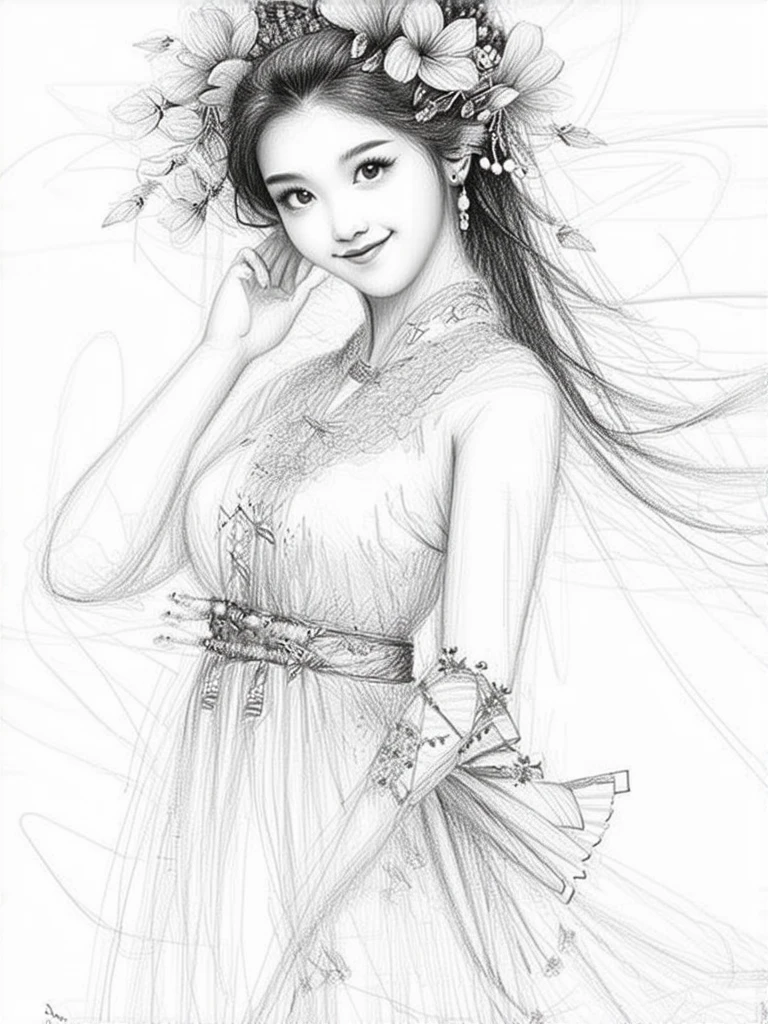 pencil_drawing,a beautiful Asian girl with flowers on her head,