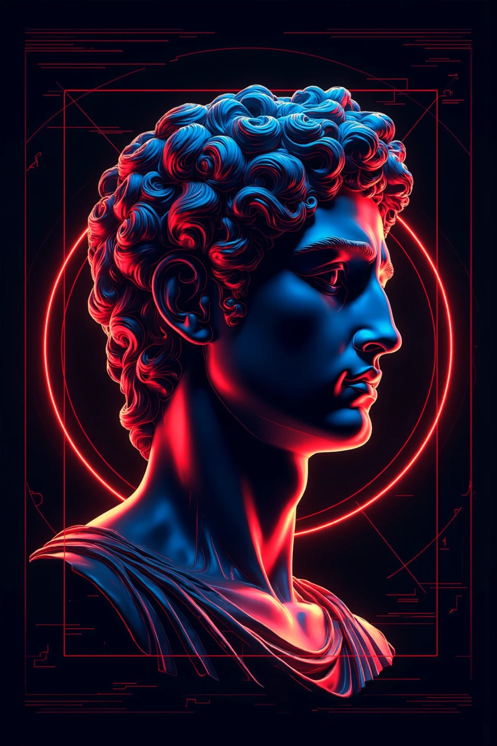 CynthiaSculpture, this is a side-profile image of a statue with a futuristic and neon style, showing a close-up of the head. the statue is predominantly dark blue, contrasting sharply with bright red neon lines that make it stand out against the dark background. geometric lines and halo elements surround the statue, with red glowing lines outlining its structure and extending into the background, enhancing the sense of futurism and technology. the background is dark, with graphic line designs that reinforce the sci-fi atmosphere. the overall style combines the detail of classical sculpture with modern digital art elements, creating a visual effect that is both dignified and tech-inspired.