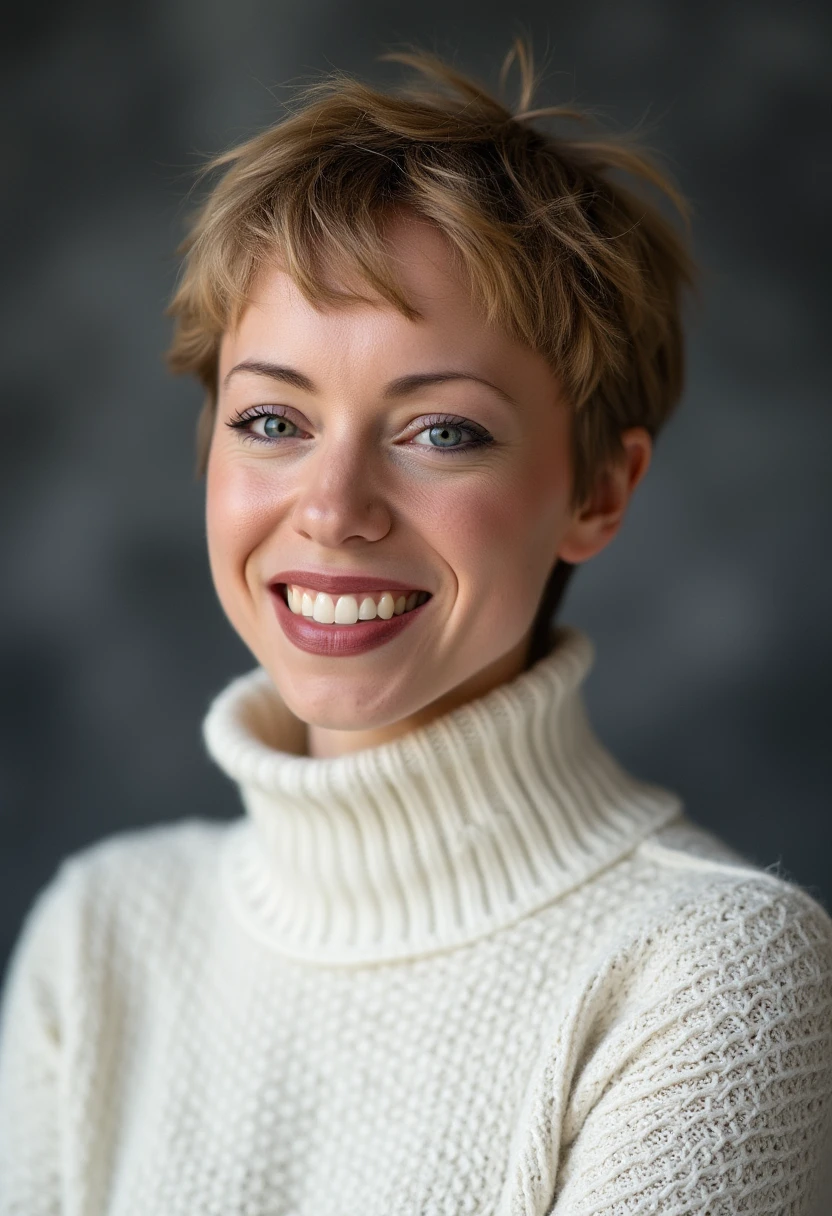 A professional portrait photo of raffaelaraab, a woman with dark blonde very short messy pixie hair. She is smiling, showing her teeth. She is wearing a white knit turtleneck sweater. The background is blurry and shows a dark gray professional photo studio canvas.