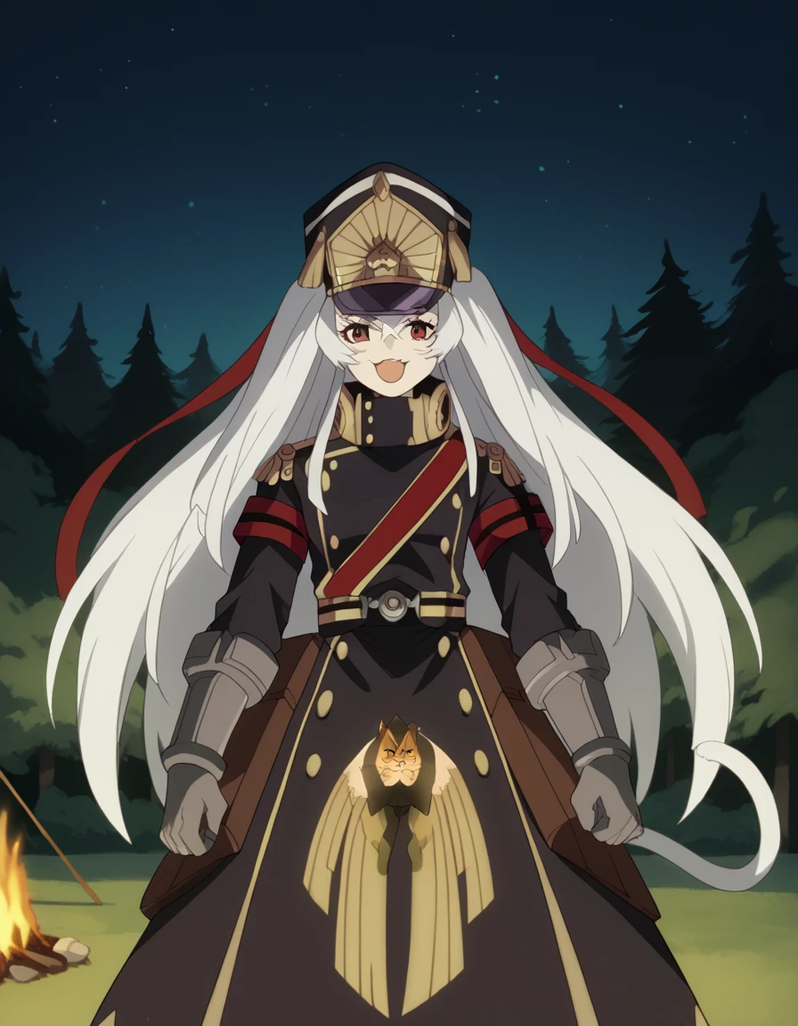 score_9, score_8_up, score_7_up, source_anime, <lora:recreators-altair-s1-ponyxl-lora-nochekaiser:1>, altair, long hair, red eyes, very long hair, white hair, medium breasts,, gloves, hat, uniform, military, military uniform, shako cap,, camping, bonfire, tent, stargazing, marshmallows, forest clearing, night, smile, <lora:paw-pose-ponyxl-lora-nochekaiser:1>, paw pose, cat ears, cat tail, animal ears, tail, cat girl, open mouth, fang, whiskers,, looking at viewer, solo,, dutch angle, cowboy shot