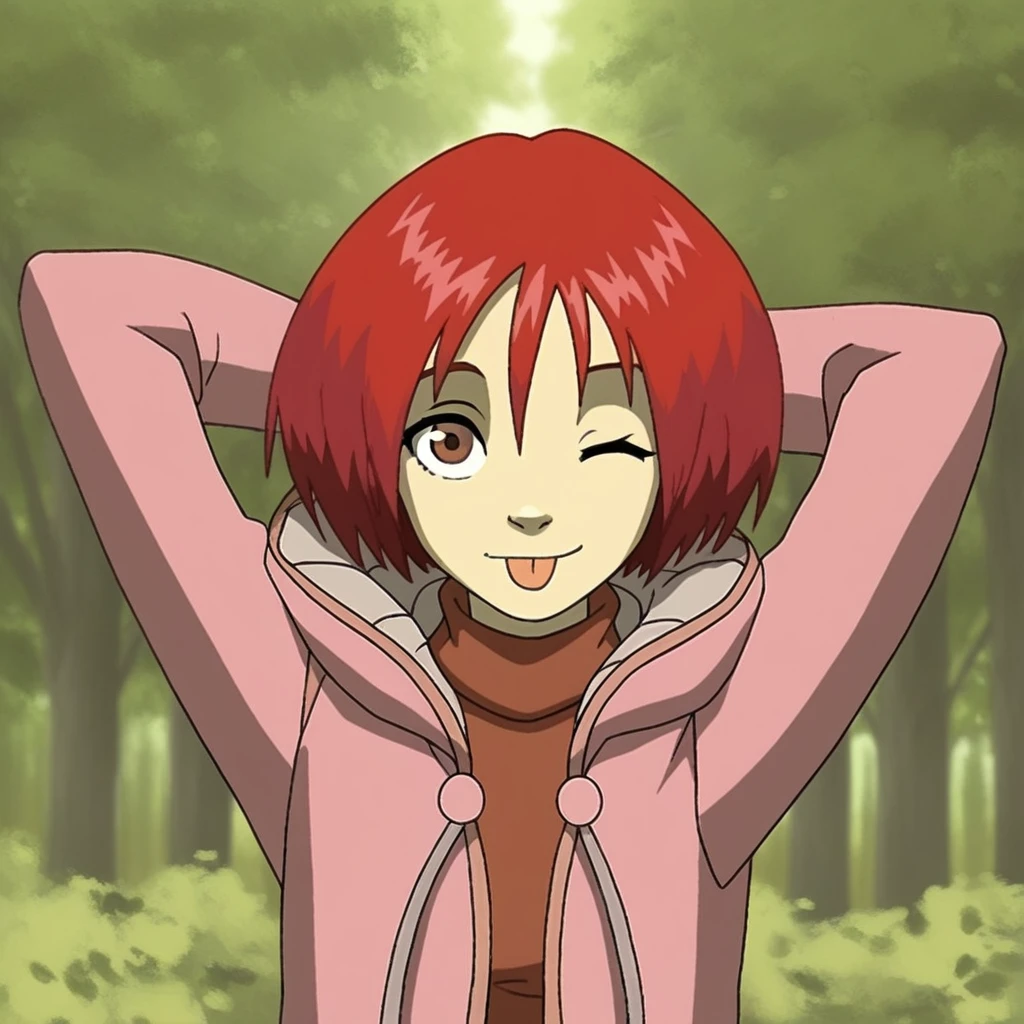 score_9, solo, willv_w, 1girl, short hair, red hair, brown eyes, jacket, hood down, turtleneck, one eye closed, tongue, looking at viewer, arms behind head, tree, natural lighting