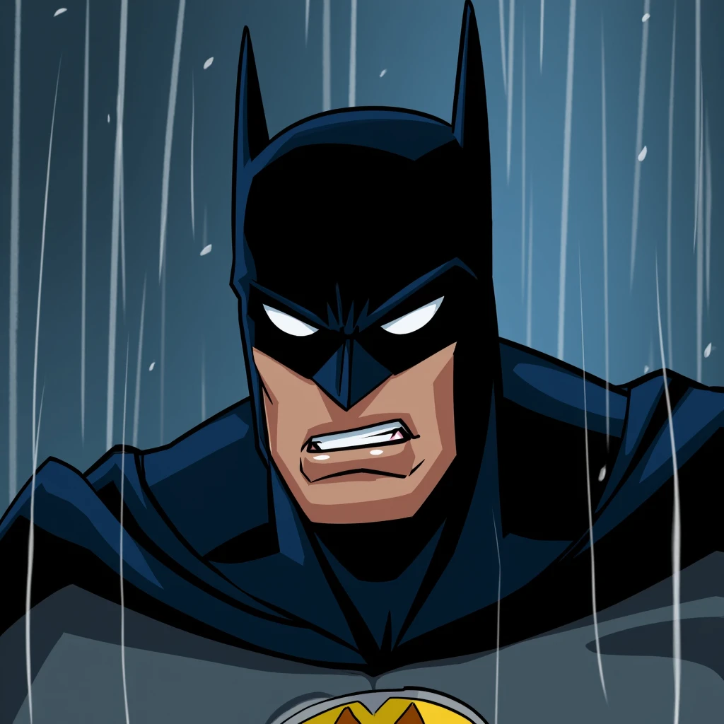 <lora:cartoon John North style v3:1>
A cartoon picture of Batman staring at camera in anger in the rain