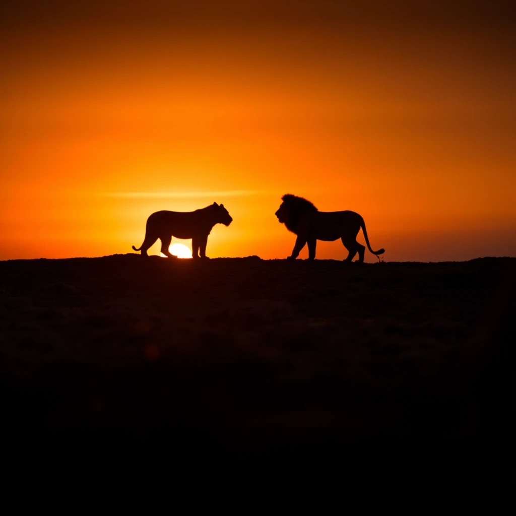 cinematic film still of  <lora:national geographic style The Lion King v1:0.8>
In the African jungle a two lions on a hill at night with orange sky,realistic,realism,photorealism,hyperrealism,hyperrealistic,standing,weapon,outdoors,sword,from side,animal,fire,scenery,embers , realistic, sharp, detailed, documentary style, film light style, movie still, photography, artistic, perfection, contrast, cinematic, filmic, high quality photo,  8k quality, colorful, different animals, national geographic style, silhouetted style, shallow depth of field, vignette, highly detailed, high budget, bokeh, cinemascope, moody, epic, gorgeous, film grain, grainy