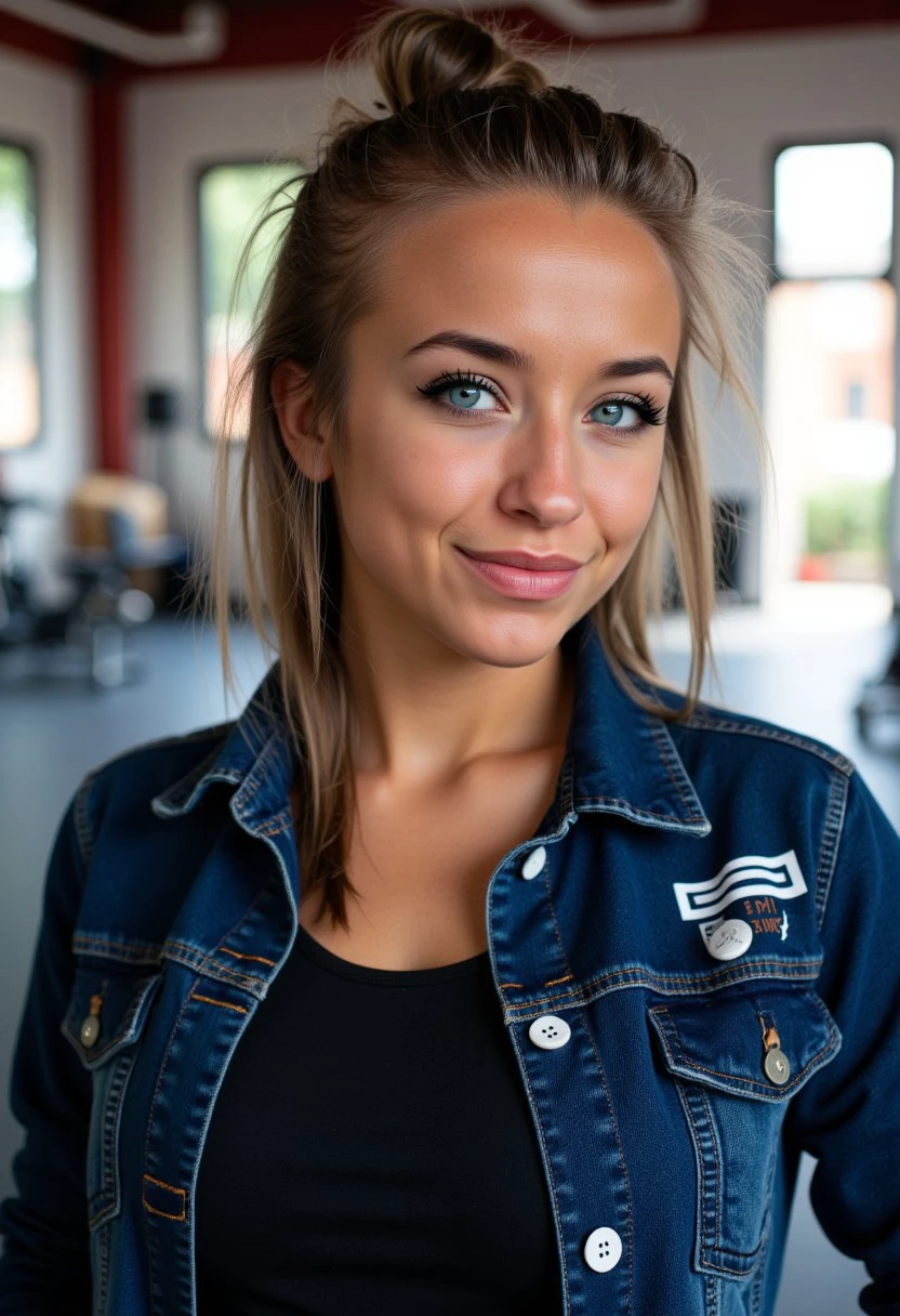 dark eyeliner and mascara, athletic build., This is a photograph showcasing a young woman in a fitness setting, given the bright, revealing her striking blue eyes and a subtle, slightly messy style. She is wearing a dark blue denim jacket with visible white buttons and a subtle white emblem on the left sleeve., and striking blue eyes. She has a light smile on her face