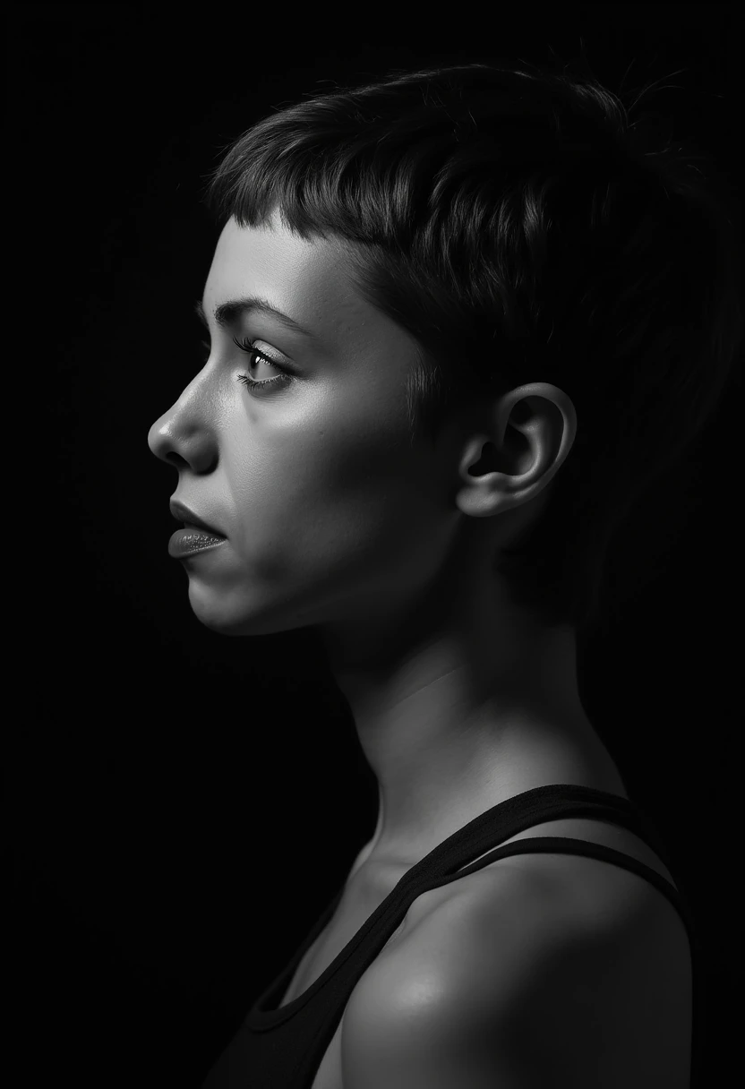 a black and white face profile photo of raffaelaraab, a woman with very short pixie hair. The background is black.