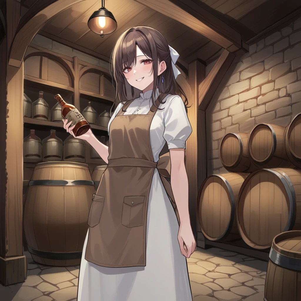 score_9, score_8_up, score_7_up, score_6_up, score_5_up, score_4_up, zPDXL2,source_anime,rating_questionable,  <lora:Wine_Cellar:0.8> c3llar, indoors, barrel, cellar, alcohol, 1girl, tavern maid, white dress, brown apron,smile, facing viewer, cowboy shot