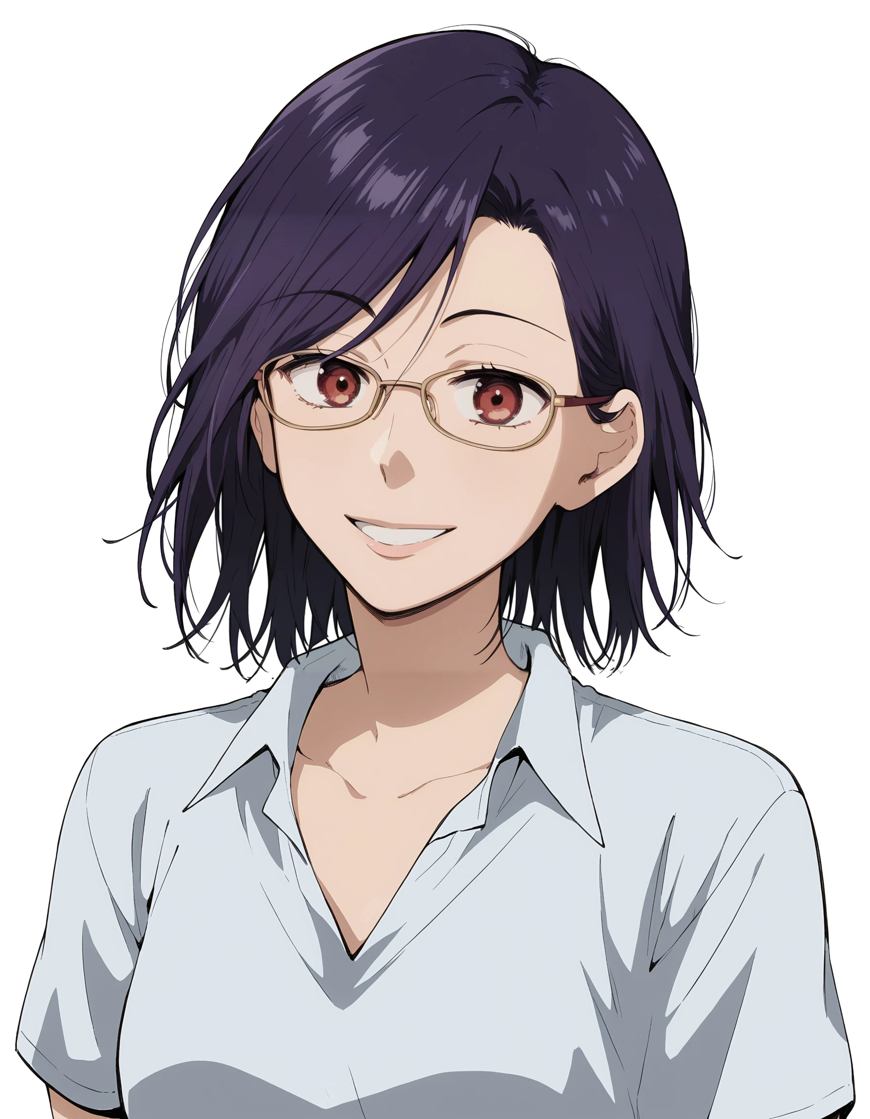 score_9, score_8_up, score_7_up
BREAK 1girl, <lora:ErikoXL-v4:0.9>, eriko, purple hair, red eyes, glasses, white shirt, collared shirt, short sleeves, looking at viewer, smile, upper body, simple background, white background