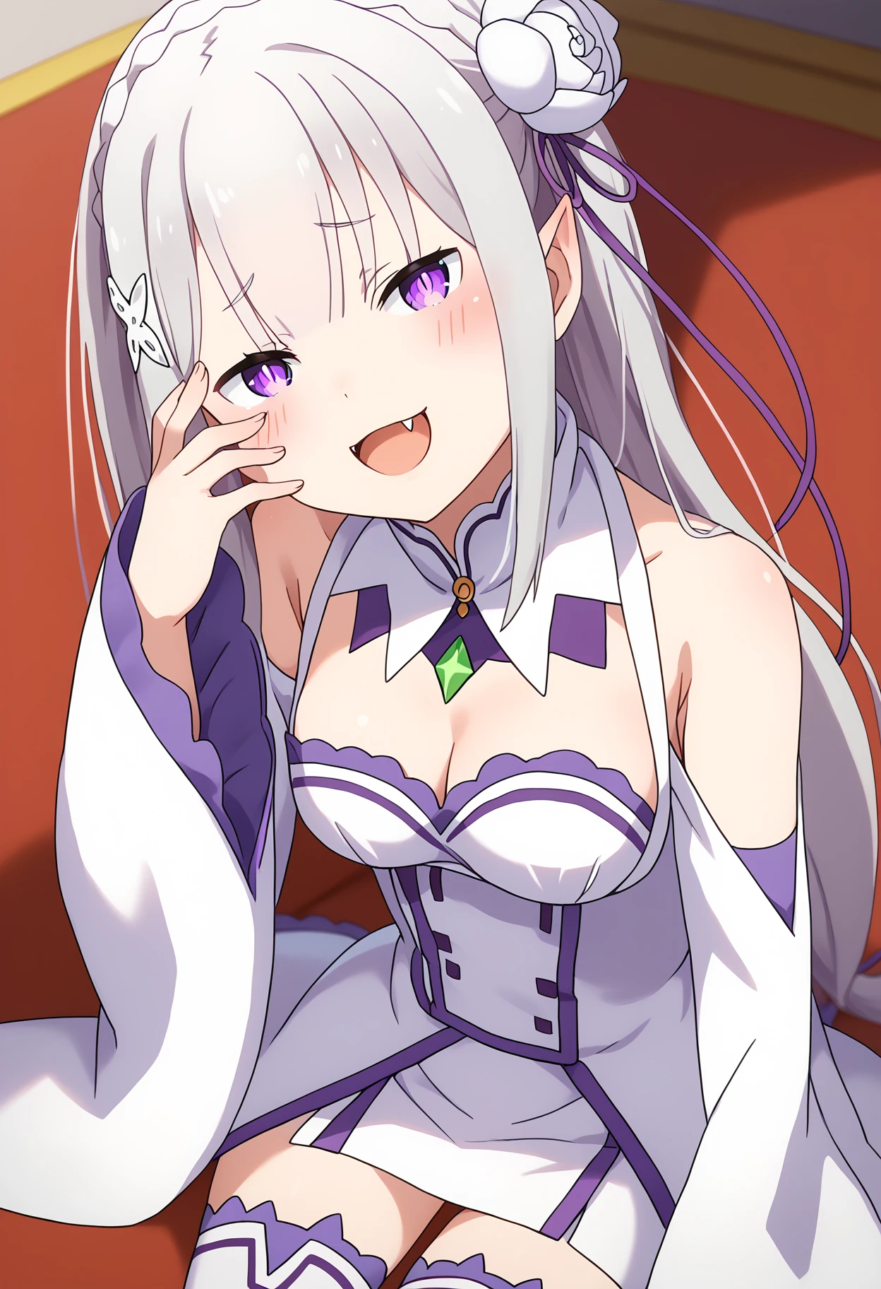 score_9, score_8_up, score_7_up, source_anime,
BREAK
1girl, solo,
<lora:shiEmiliaV2:1.0> shimilia, long hair, grey hair, purple eyes, pointy ears, crown braid, hair flower, hair ribbon, purple ribbon, x hair ornament, white dress, cleavage, bare shoulders, wide sleeves, white thighhighs, thigh boots,
<lora:shiMesugakiV1:0.8>, shimesugaki, mesugaki, open mouth, smile, blush, fangs, looking at viewer, hand up, hand on own face, half-closed eyes,