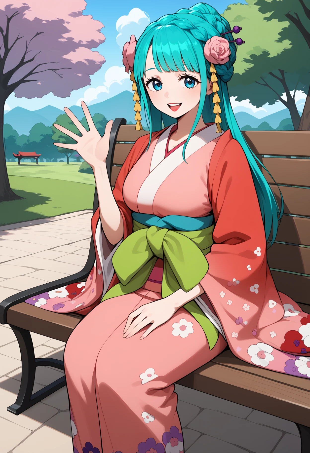 score_9, score_8_up, score_7_up, score_6_up, score_5_up, score_4_up, source_anime, aahiyori, long hair, aqua hair, braid, hair flower, blue eyes, lipstick, breasts, red kimono, pink kimono, sash, <lora:kouzuki_hiyori_ponyxl_v1:0.9>, sitting, waving, smile, bench, park,