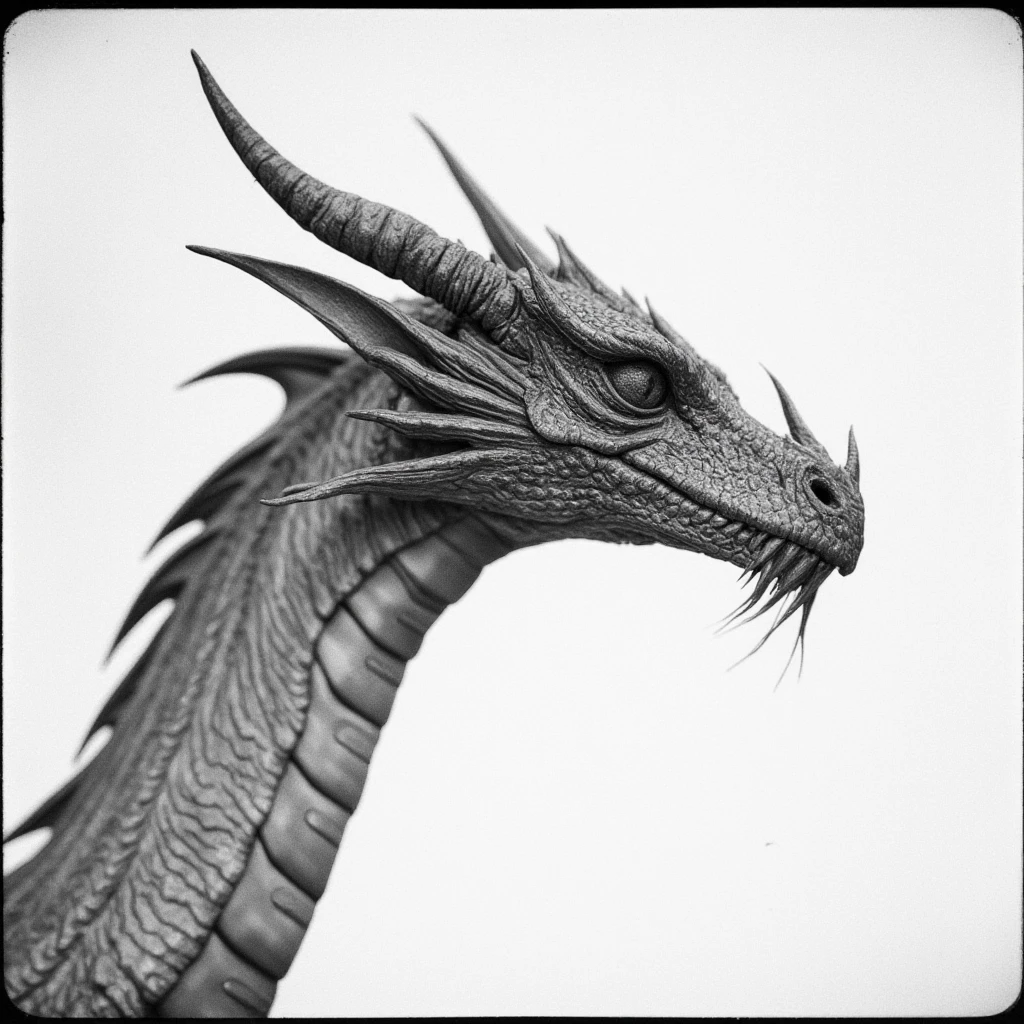 cinematic film still of  <lora:drawing style v2:0.9>
A drawing of a dragon head with a very long tail, drawing style, solo, simple background, white background, monochrome, greyscale, horns, teeth, no humans, traditional media, slit pupils, monster, dragon, scales, border, sharp teeth, spikes, shallow depth of field, vignette, highly detailed, high budget, bokeh, cinemascope, moody, epic, gorgeous, film grain, grainy