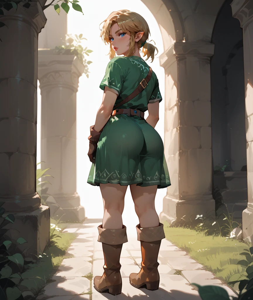 score_9, score_8_up, score_7_up, incredible lighting, shadows, 8k, (solo), (white background), 1guy, femboy, standing, full body shot, medium ass, (ass focus), blue eyes, blushing, lipstick, eyeliner, femboy_link, green dress, belt, blonde hair, gloves, boots, <lora:Femboy_Link:0.8>,