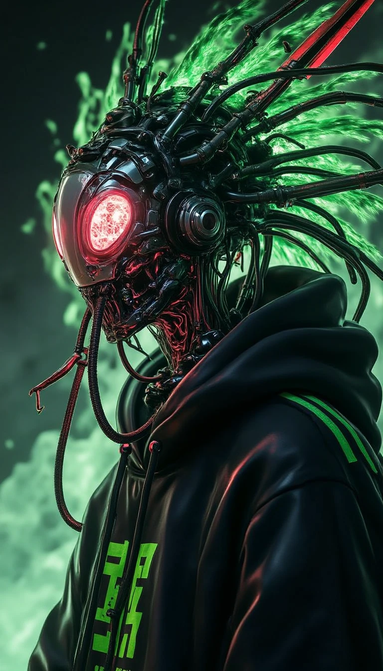 CyberFloralHarmony, a highly detailed digital illustration in a vibrant, anime-inspired art, it depicts a fierce, male character with a menacing, menacing expression, he is dressed in a black, hooded cloak with green accents, and his face is covered in a metallic, futuristic helmet with glowing, red accents, his eyes are obscured by the hood, and he wears a large, metallic ring around his neck, his sword he is holding is sharp and pointed, with a red blade, the character's attire is reminiscent of a cyberpunk or sci-fi aesthetic, with the cloak's hood and the red accents adding a sense of danger and intensity, the background is a dark, gradient black, with vivid green, swirling smoke and green, suggesting a sense or energy-filled environment, the overall color palette is dominated by cool tones, with cool tones dominating the scene, the illustration is highly polished, with meticulous attention to detail in the textures and lighting, giving it a realistic yet stylized appearance