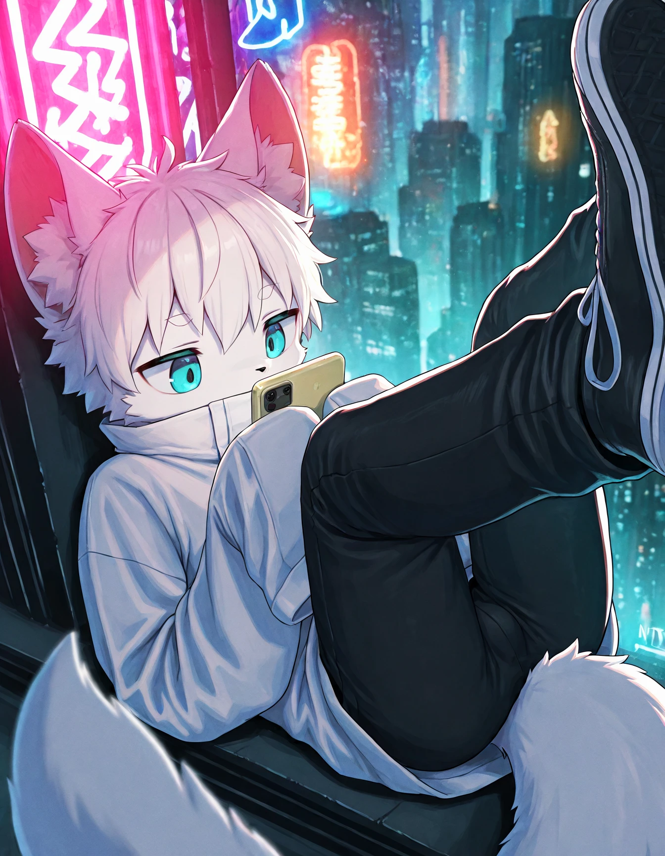 furry, furry male, tail, animal ears, 1boy, male focus, black pants, pants, phone, solo, shoes, blue eyes, cellphone, holding, holding phone, sleeves past wrists, white hair, fox tail, lying, on back, animal ear fluff, black footwear, jacket, white fur, fox ears, city, high collar, neon lights, sleeves past fingers, looking at phone, legs up, smartphone, short hair, sneakers, building, fox boy, body fur, long sleeves, cityscape, white jacket, animal nose, skyscraper, blurry <lora:cyberpunk:0.8>