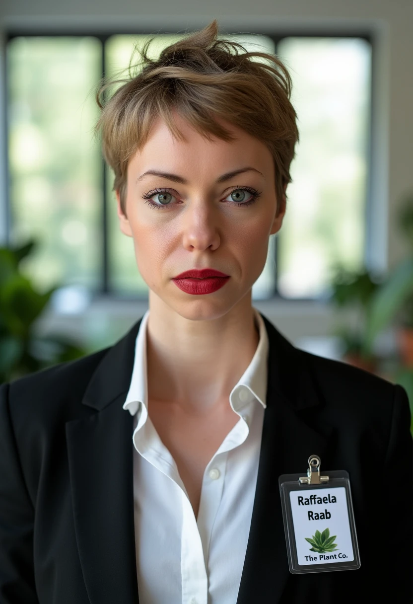 A portrait photo of raffaelaraab, an athletic woman with very short messy dark blonde pixie hair. She is looking straight at the viewer with a serious expression on her face. She is wearing red lipstick. Her eyebrows are drawn down. Her mouth is closed. She is wearing a professional white shirt and a black business suit. A simple ID badge with black bold text name \"Raffaela\" \"Raab\" and smaller title \"The Plant Co\" is clipped to the suit jacket. The background is blurry and shows a modern office with house plants. Sunlight is shining through large windows.