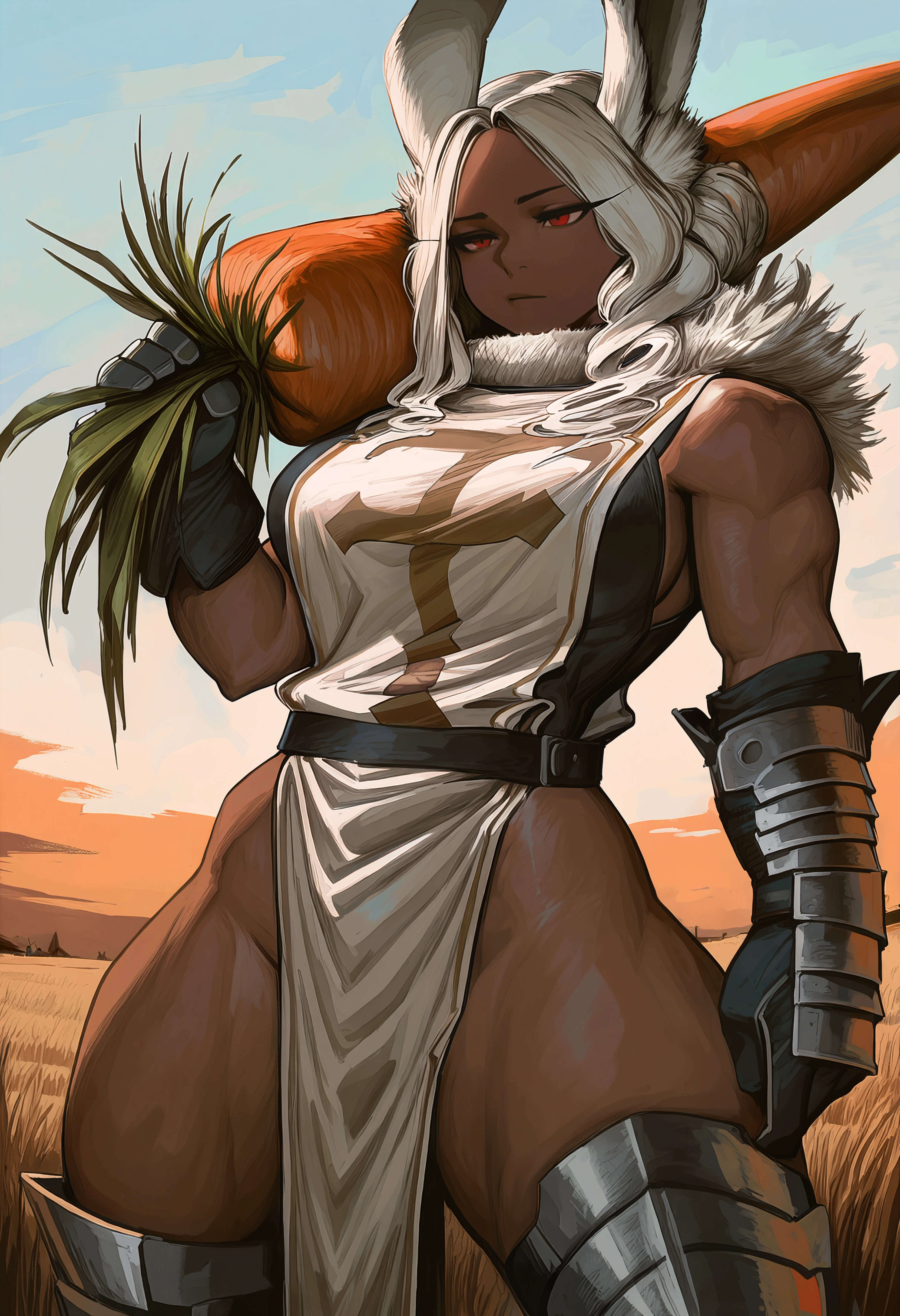 masterpiece, best quality, 1girl,mirko,dark-skinned female,red eyes,muscular female,alternate costume,knight,armor,thick thighs,tabard,gloves,holding large [sword:carrot:0.1],weapon over shoulder,cowboy shot,outdoors,sunbeam,blue sky  <lora:ujac_ill:1>