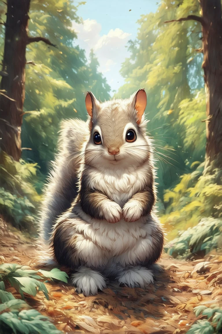 In a vibrant, sun-drenched clearing of a lush forest, a mega fluffy squirrel