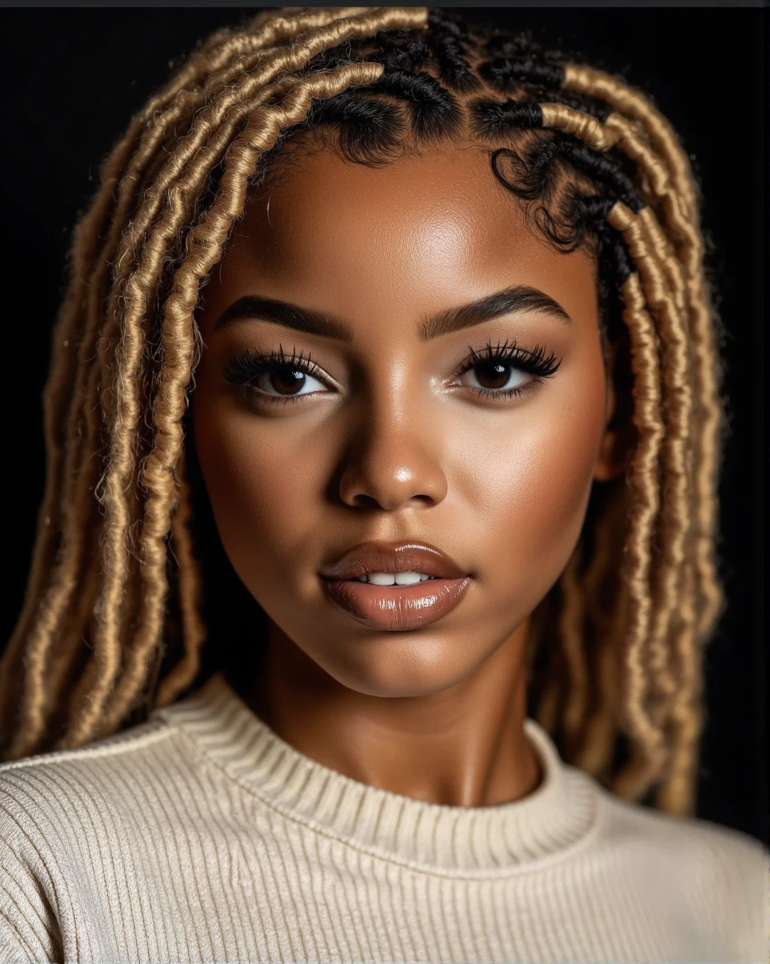 closeup headshot , A luxury black women with a  straight straoghtshort chestnut blond  hair, starring in a mona lisa like portrait painted by divinchi, dark offwhite crewneck shirt