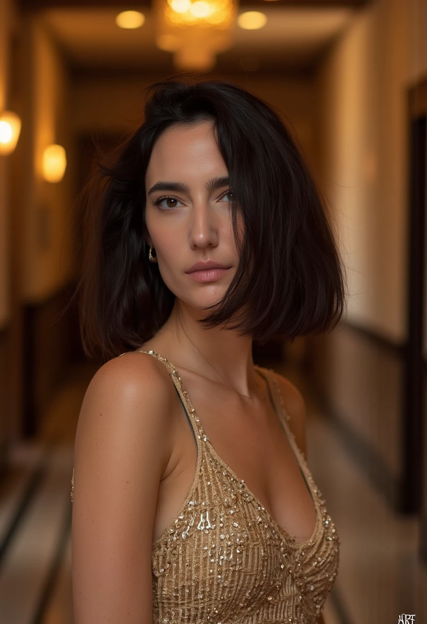 High-quality photo of amelielens woman posing with a gala dress. She has shoulder-length dark hair, styled loosely, framing her face naturally. amelielens woman is in the corridor of an hotel. The mood of the image is candid and intimate