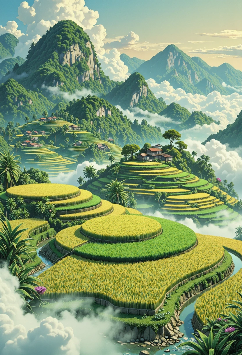 Asian rice plantation,masterpiece, best quality, double exposure, realistic, whimsical, fantastic, splash art, intricate detailed, hyperdetailed, maximalist style, psychedelic, post-apocalyptic, photorealistic, concept art, sharp focus, harmony, serenity, tranquility, surrounding clouds, mysterious glow, ambient occlusion, halation, cozy ambient lighting, dynamic lighting, masterpiece, masterpiece, award winning,