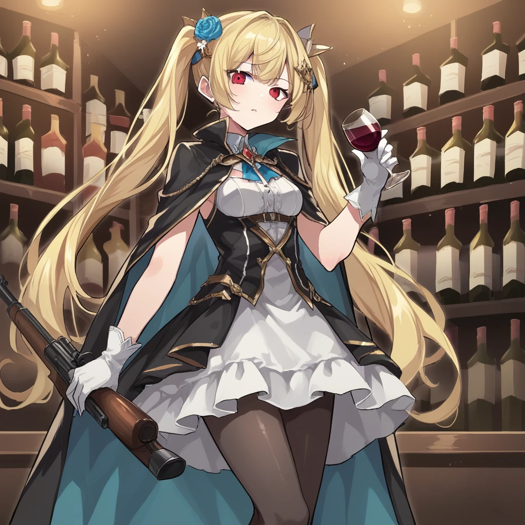 score_9, score_8_up, score_7_up, score_6_up, score_5_up, score_4_up, zPDXL2,source_anime,rating_questionable,  <lora:Wine_Cellar:0.7> C3llar, bottle, flower, cape, pantyhose, red eyes, looking at viewer, wine glass, gloves, hair ornament, alcohol, dress, cup, blonde hair, holding, drinking glass, weapon, twintails, gun, rifle, 1girl