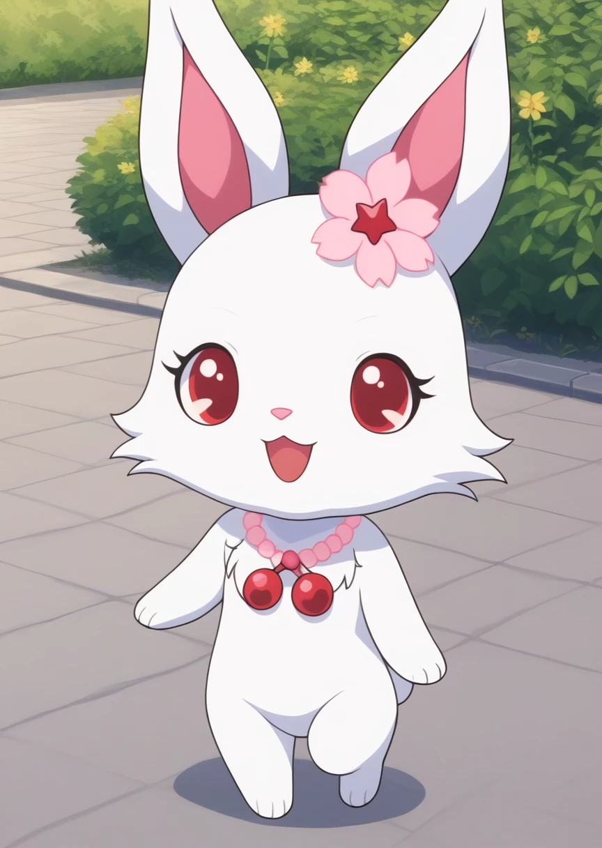 score_9, score_8_up, score_7_up, score_6_up, score_5_up, BREAK
ru6y, anthro, female, jewelpet, furry, rabbit ears, solo, looking at viewer, smile, open mouth, hair ornament, red eyes, flower, :d, necklace, no humans, rabbit, chibi, short limbs, park