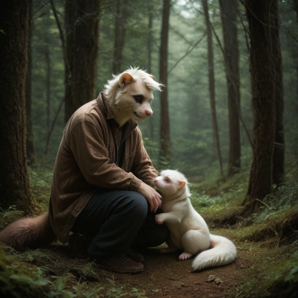 antro, 1boy, 1girl, ferret, sitting, fallen tree, in a forest background, UHD, score_8_up, score_9