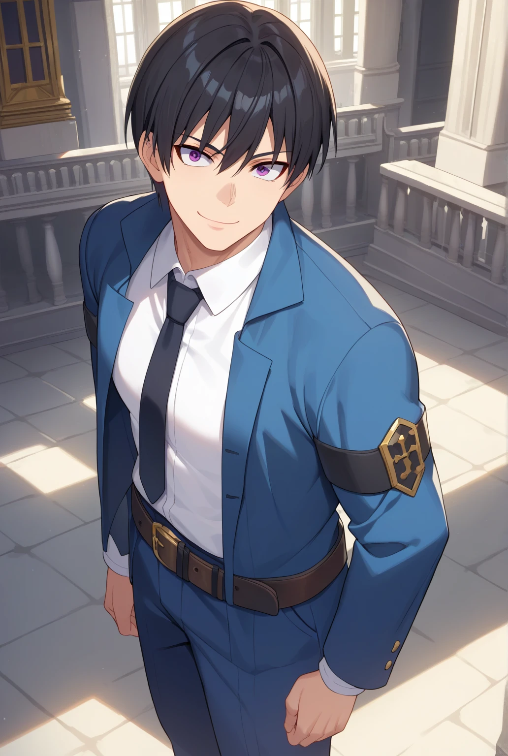 (score_9, score_8_up:1.1), score_7_up, high res image,masterpiece, takigi oze, 1boy, solo, black hair, purple eyes, black necktie, white shirt, blue suit, blue pants, belt, toned body, smile, looking at viewer, from above, mansion