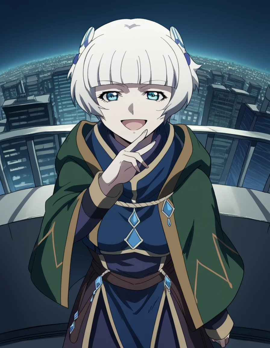 score_9, score_8_up, score_7_up, source_anime, <lora:meteora-osterreich-s1-ponyxl-lora-nochekaiser:1>, meteora osterreich, short hair, bangs, blue eyes, hair ornament, white hair, blunt bangs, medium breasts,, cape, cloak,, city skyline, rooftop view, night time, city lights, quiet reflection, smile, <lora:ojou-sama-pose-ponyxl-lora-nochekaiser:1>, ojou-sama pose, laughing, smug, hand to own mouth, open mouth,, looking at viewer, solo,, dutch angle, cowboy shot