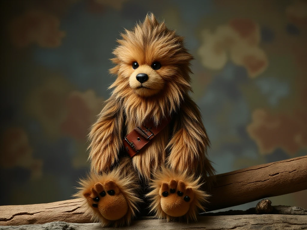 <lora:MyNewFantasy:0.8> <lora:Cute_Stuffed_Animals-000001:0.8> stuffed animal plushie of a fluffy wookie from star wars ,sitting on a log, wearing a leather bandolier