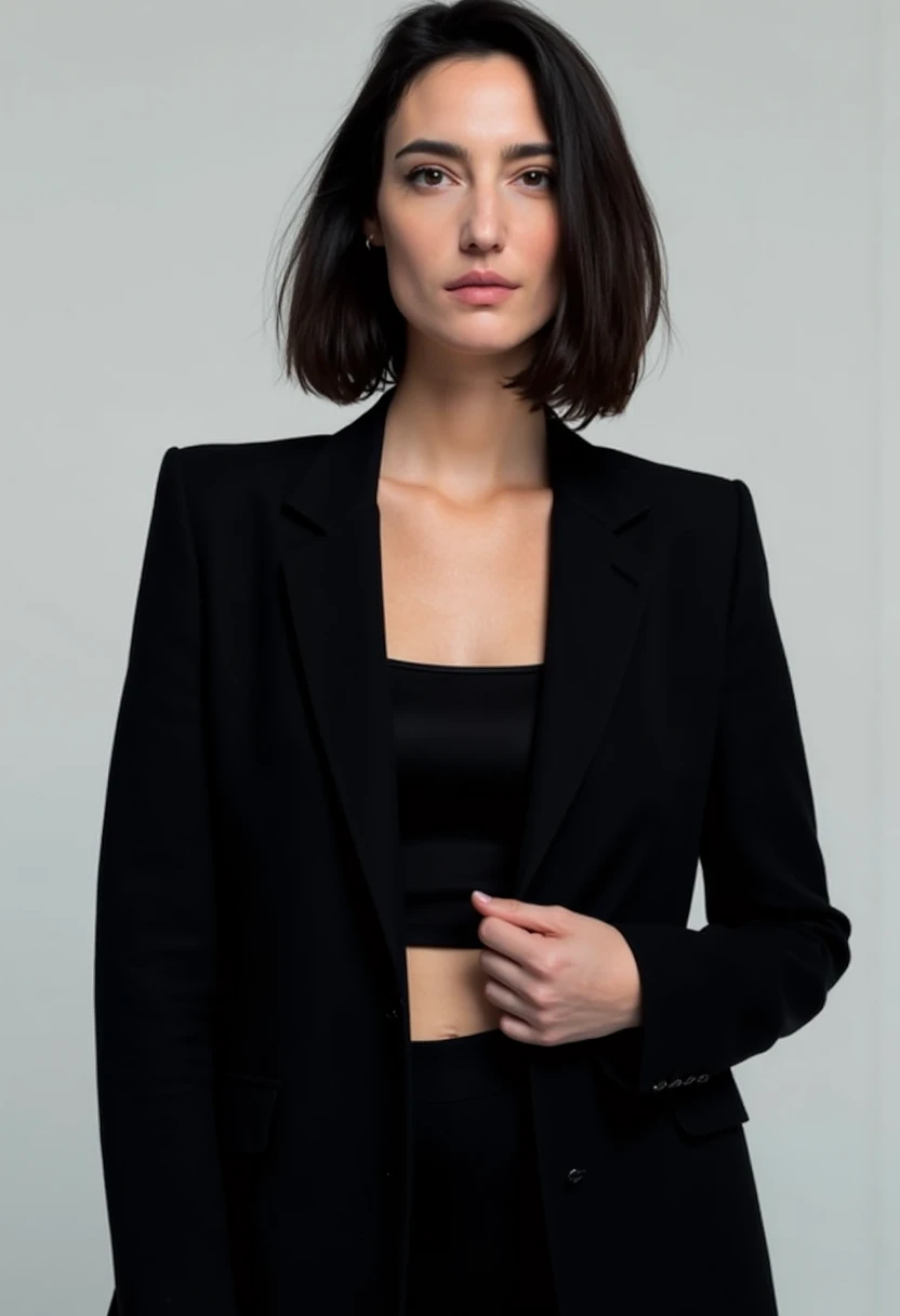 High-quality photo of amelielens woman with a minimalist and sophisticated appearance. She has shoulder-length dark hair styled naturally and wears a subtle, natural makeup look with a slight winged eyeliner, enhancing her expressive eyes. She’s dressed in a black, slightly oversized blazer over a fitted black crop top, creating a sleek, monochromatic style. Her posture and calm expression exude confidence and elegance. The background is simple and neutral, directing full attention to her.