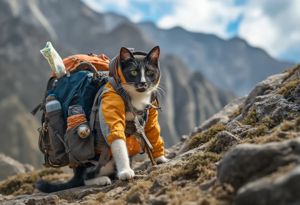 
A hilarious scene of a black and white hiking MAOTHECAT cat with a white vertical stripe on its nose, geared up for a rugged mountain adventure. The cat is decked out in a tiny, brightly colored hiking jacket, complete with a hood that’s a bit too big, slipping comically over one ear. A miniature backpack sits snugly on its back, slightly askew, with a tiny carabiner and a roll of rope dangling from one side. The cat's expression is a mix of intense determination and mild exasperation, as if it just realized how steep the trail ahead is. Its little paw grips a hiking stick planted firmly in the rocky terrain, while a tiny water bottle peeks out of a side pocket. In the background, towering mountain peaks and a dramatic blue sky make the scene epic, but the cat’s small stature and exaggerated hiking gear add a touch of comic absurdity. A few stray fur strands stick up from its hood, and a map pokes out from the top of the backpack, half unrolled as if it’s already lost its way. The whole image captures the spirit of adventure with a funny, endearing twist