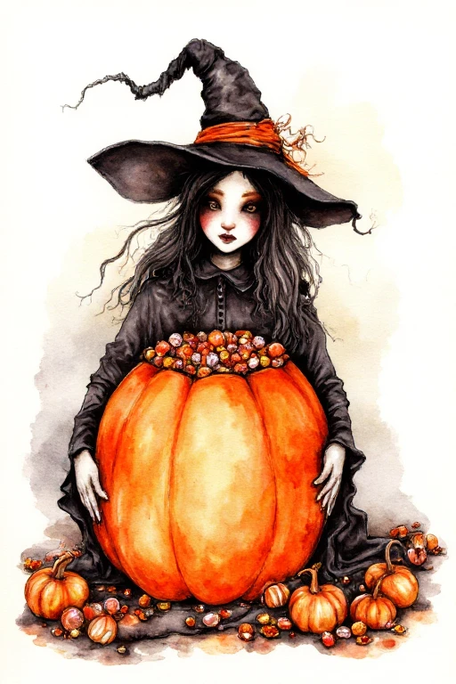 a Halloween watercolor painting of a witch holding a big pumpkin full of candy by AmeshinART