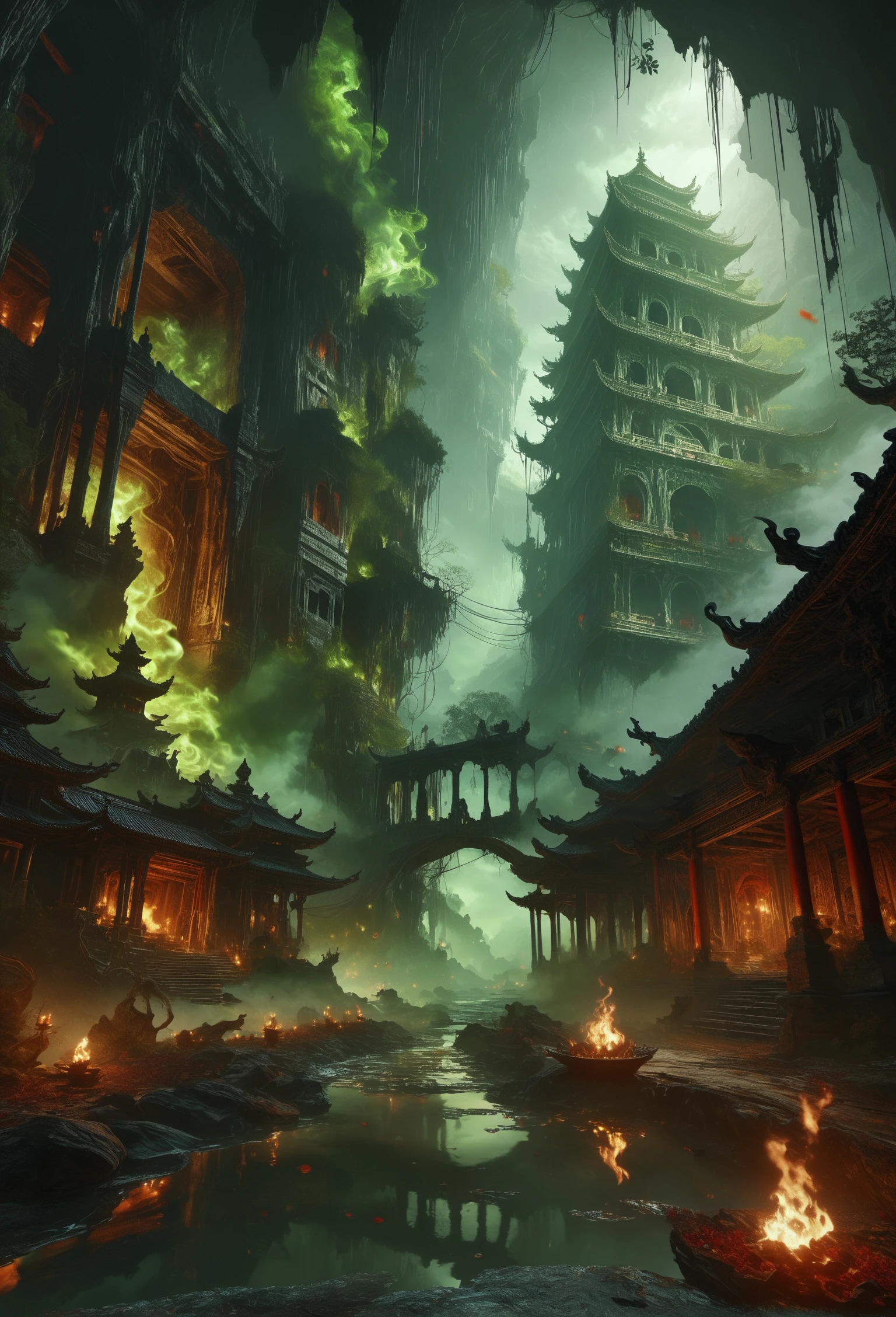 score_9, score_8_up, score_7_up, abyssmerald, dark, haunting, green fog, cave, ruins, root, bridge, east asian architecture, forest, river, water reflection, floating flame, background fantasy, ancient background, masterpiece, top quality, best quality, official art, cinematic lightings, photorealistic.